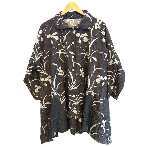 M Square Women’s Black White Crinkle Floral Button Tunic Jacket Size 2 Plus Size - Picture 1 of 4